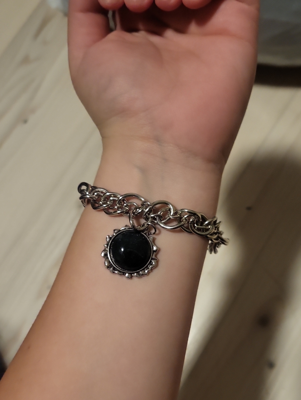 Silver Chain Bracelet with Black Stone Charm